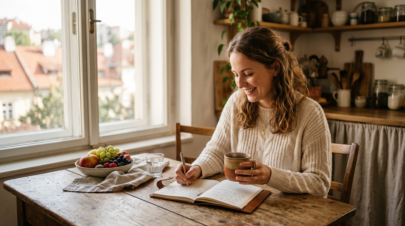 Ranní rituál — šálek čaje a zápisník na stole u okna