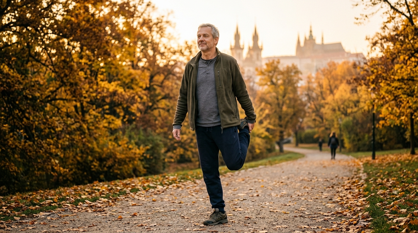 Muž protahující se v parku během ranního svítání