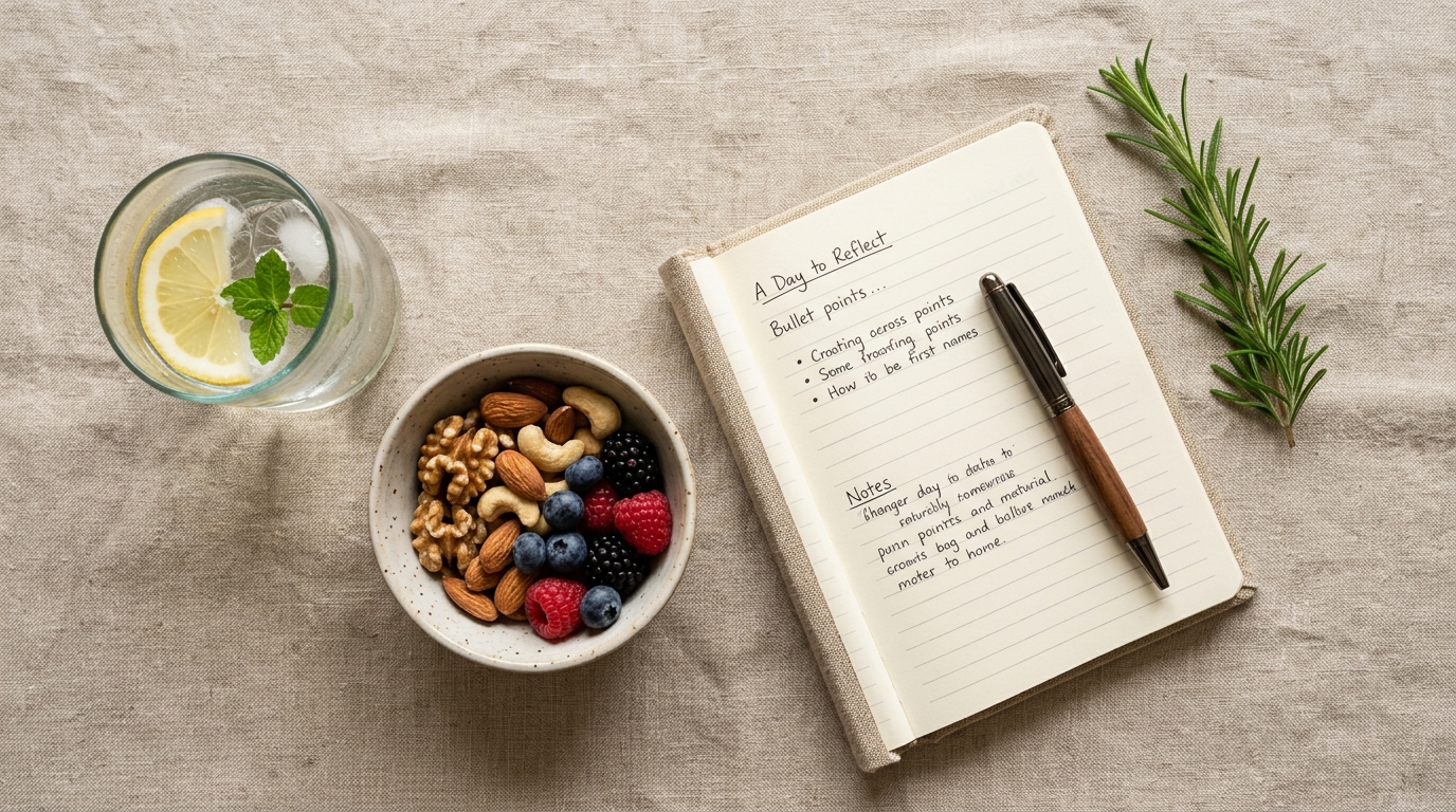 Zdravá snídaně — mísa s ovocem, ořechy a sklenice vody s citronem